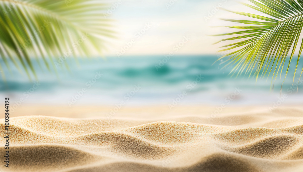 Tropical beach sand with palm trees and turquoise ocean waves background Tropical beach sand with palm trees and turquoise ocean waves background