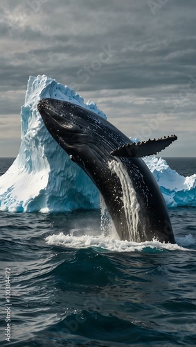 Giant whale swimming near an iceberg as it collapses into the ocean, causing a tidal wave.