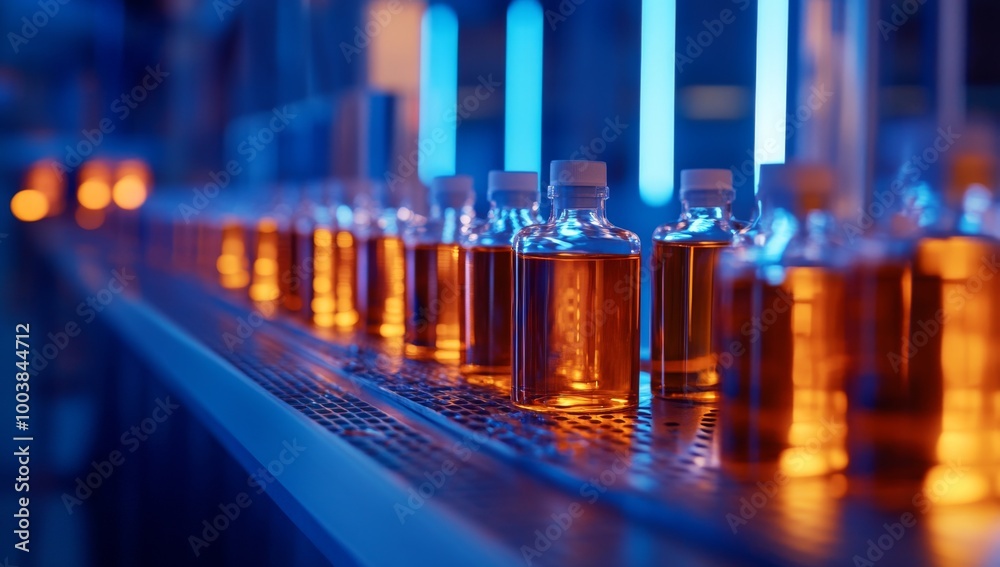 Close-up of bottles filled with a golden liquid on a conveyor belt. Close-up of bottles filled with a golden liquid on a conveyor belt.
