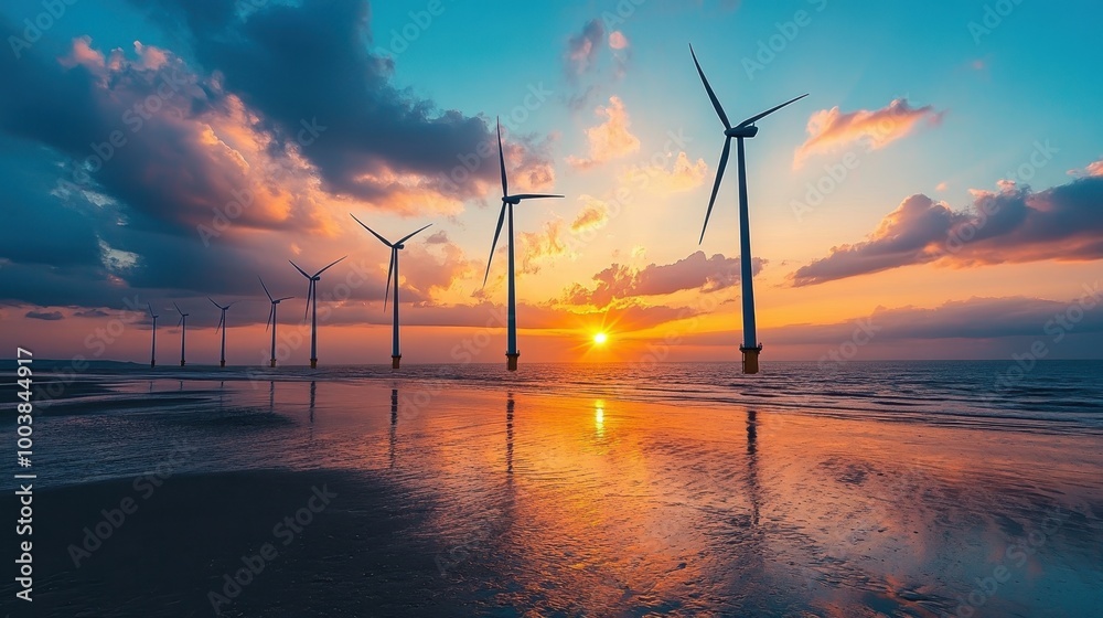 Obraz premium Stunning Sunset Over Offshore Wind Turbines Reflecting on Calm Ocean Waters