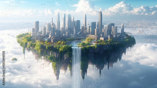 Futuristic Floating City Above the Clouds with Waterfalls and Skyscrapers in a Serene Sky