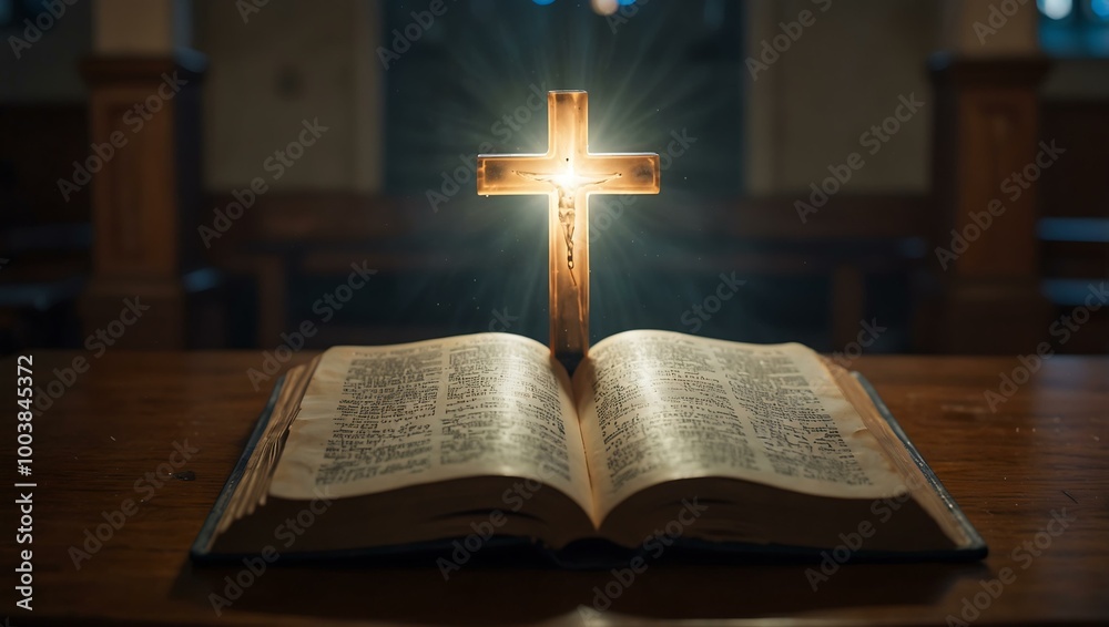 Glowing cross above an open Bible on a glass table in a church. Glowing cross above an open Bible on a glass table in a church.