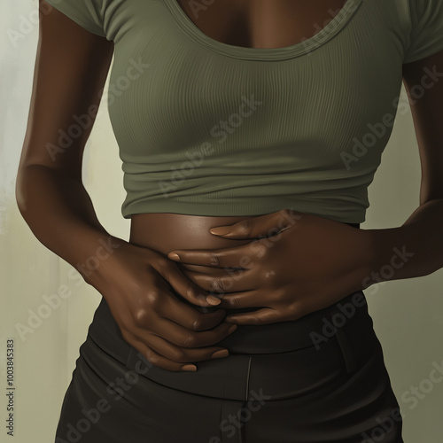A black woman holding her stomach, abdominal pain, endometriosis, irritable bowel syndrome (IBS), ulcerative colitis, ectopic pregnancy, ovarian cysts, pelvic inflammatory disease (PID), gastro
