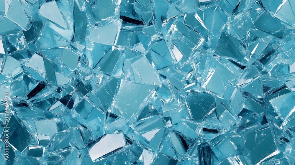 A blue background with many pieces of glass. The glass pieces are scattered all over the background A blue background with many pieces of glass. The glass pieces are scattered all over the background