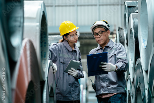 Supervisor and Staff Warehouse in uniform together inspection check to quality controll roll of raw steel sheet in storage of factory,.Industrial steel roll coil for metal sheet forming in metalwork.
