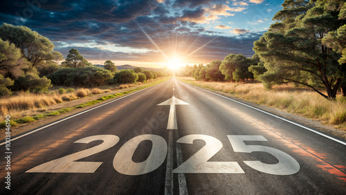 Scenic road with 2025 sign under sunrise, symbolizing future goals and journey ahead