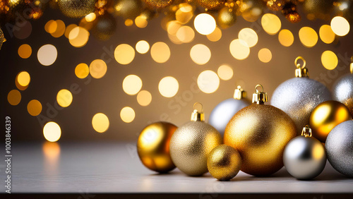 Gold and silver Christmas balls on a background of golden highlights.