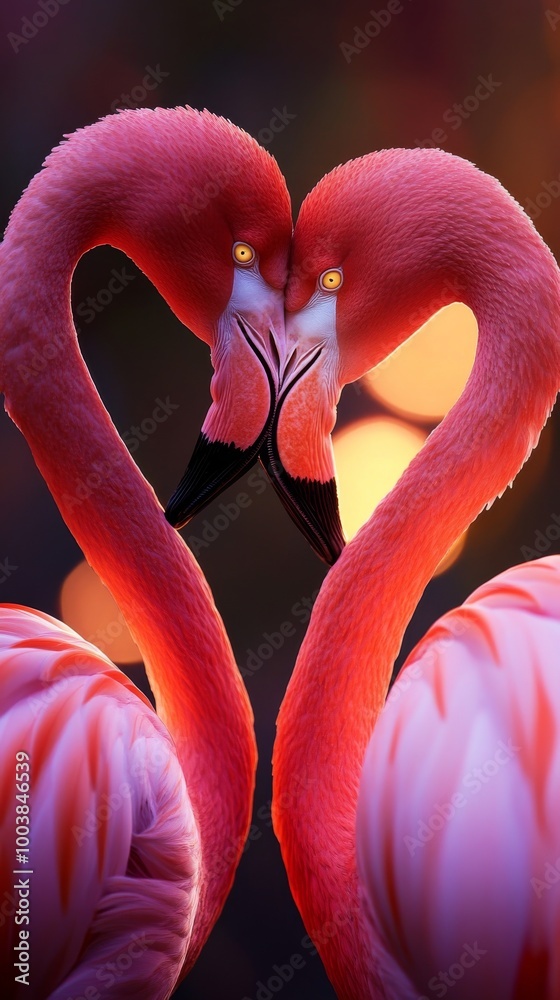 Naklejka premium Two flamingos forming a heart shape at