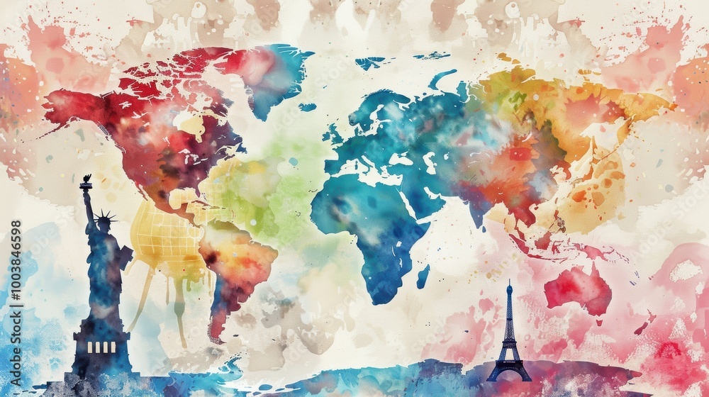 Naklejka premium Vibrant Watercolor Map with Landmarks and Global Colors