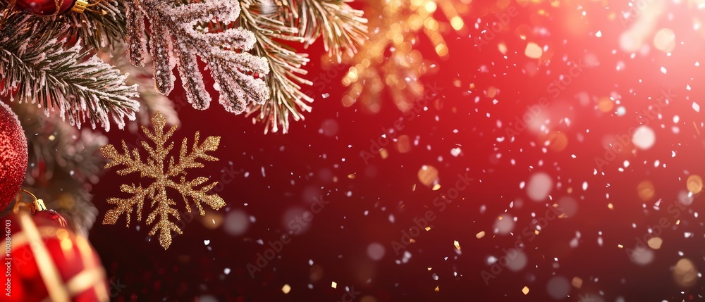 A tight shot of a Christmas tree, adorned with a snowflake ornament suspended from its branched limbs A tight shot of a Christmas tree, adorned with a snowflake ornament suspended from its branched limbs
