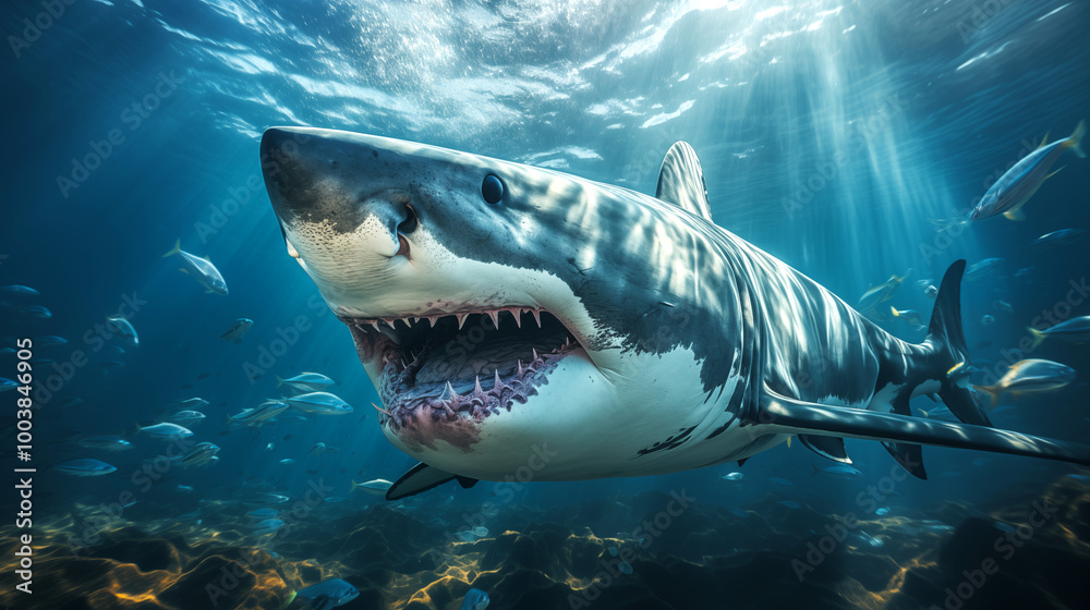 Naklejka premium Shark swimming in deep ocean waters