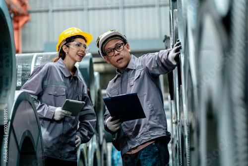 Supervisor and Staff Warehouse in uniform together inspection check to quality controll roll of raw steel sheet in storage of factory,.Industrial steel roll coil for metal sheet forming in metalwork. photo