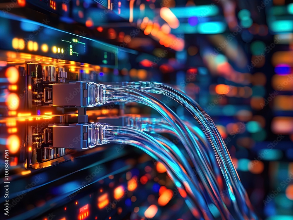 Fototapeta premium Illuminate Your Space: High-Tech Networking Hub Poster Featuring Clear Cables and Vibrant Light Patterns – Perfect for Modern Interiors and Tech-Inspired Decor!