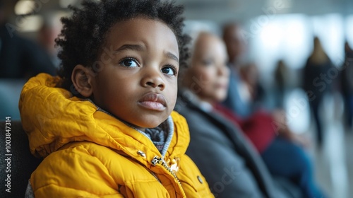 Multigenerational family waiting for medical check-ups in a hospital lobby highlighting equal healthcare access for all ages Large space for text in center Stock Photo with copy space