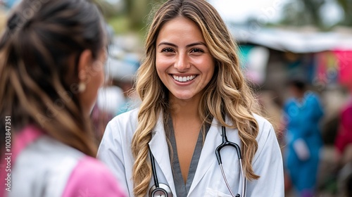 Healthcare team visiting a remote village offering basic medical care to local residents reflecting outreach and equity in healthcare access Large space for text in center Stock Photo with copy space photo