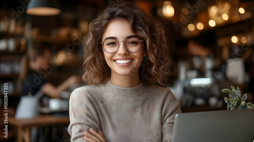 Smiling Woman in Glasses Works on Laptop in Cafe