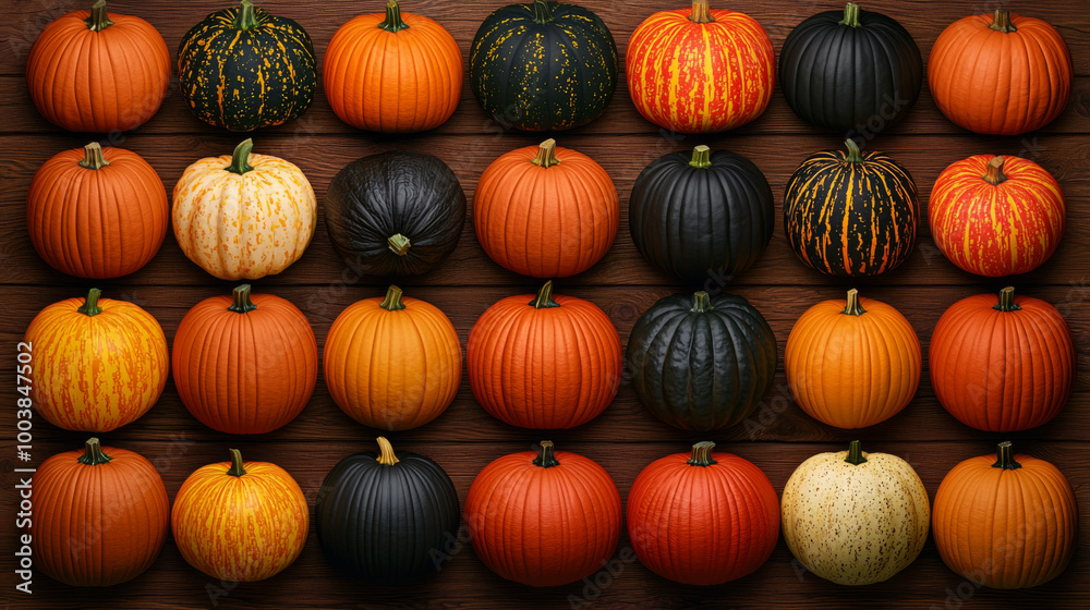 A colorful display of pumpkins in various shapes and colors arranged on a wooden surface
