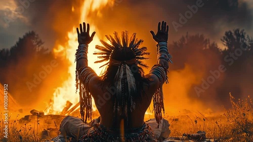 Indian chief against the backdrop of a large fire, Indian ritual