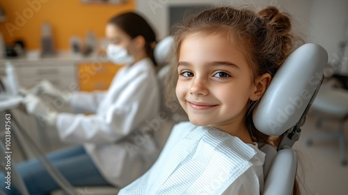 Children receiving dental check-ups in a brightly lit dental clinic emphasizing oral healthcare for young patients Large space for text in center Stock Photo with copy space