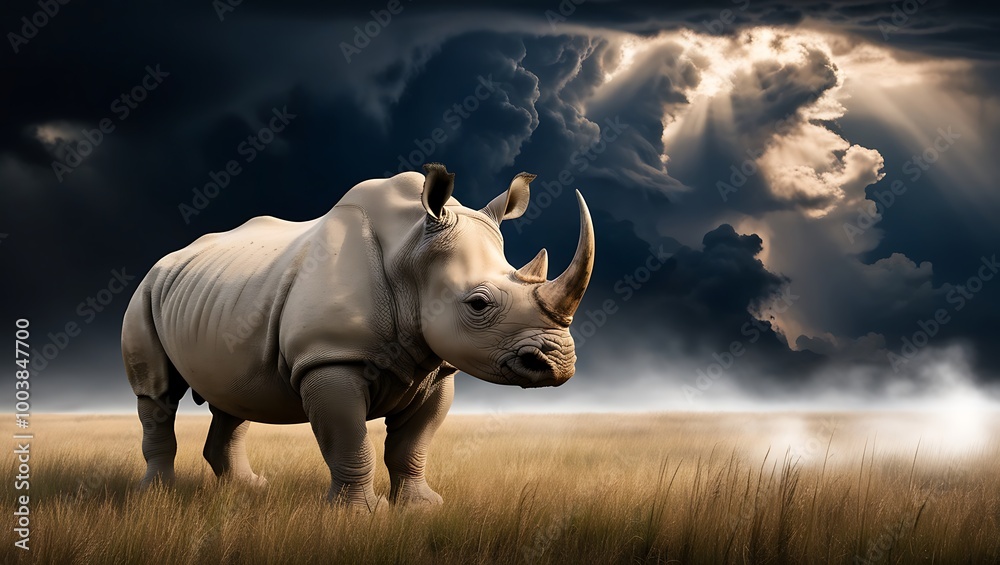 Obraz premium This powerful image features a majestic rhinoceros standing tall in an open field, set against a backdrop of dramatic, dark clouds. The looming storm clouds fill the sky with an ominous intensity