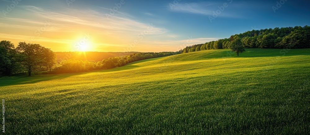 Fototapeta premium Beautiful Sunrise Over Rolling Green Hills with Lush Trees and Clear Sky