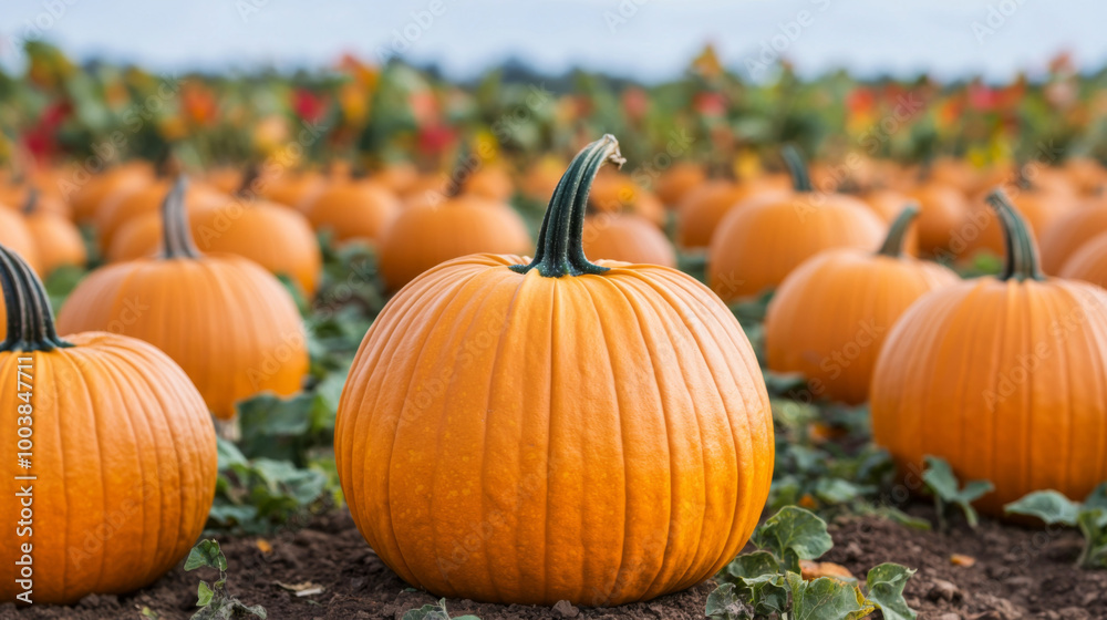 Vibrant orange pumpkins scattered across a sunny pumpkin patch in autumn