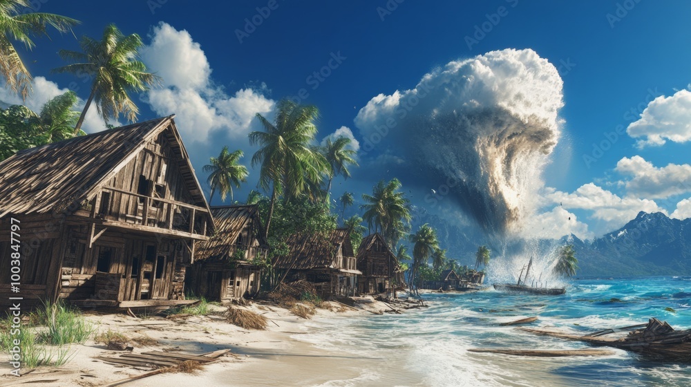 A resort with coconut trees on an island surrounded by tsunami waves in the middle of a blue background. World Tsunami Awareness Day. A resort with coconut trees on an island surrounded by tsunami waves in the middle of a blue background. World Tsunami Awareness Day.