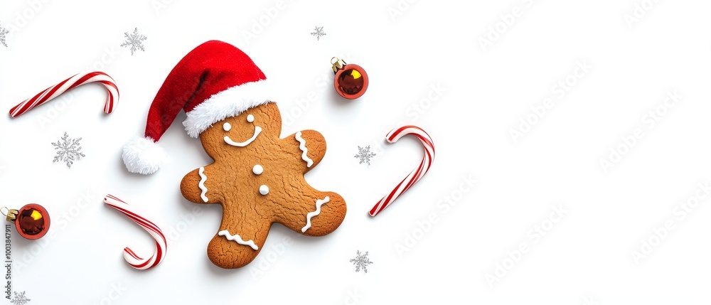 Naklejka premium A gingerbread cookie wearing a Santa hat, surrounded by candy canes against a white backdrop with drifting snowflakes