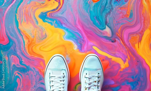 A graph of a person showcasing their legs dressed in colorful striped socks and white sneakers, with ripped jeans, set against a vibrant multi-colored abstract background. Video photo