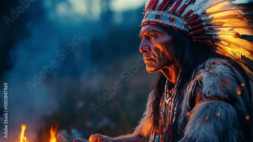Indian chief in the evening by the fire, Native American Indian