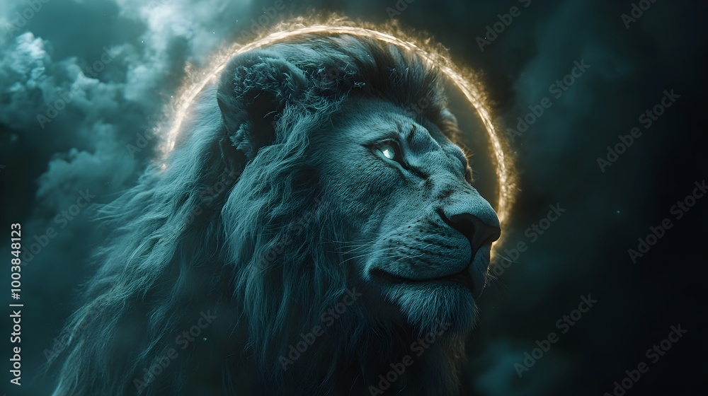 Jesus Christ's peaceful yet confident face next to a lion, close-up view from above, glowing halo, celestial light, symbolic of leadership and bravery Jesus Christ's peaceful yet confident face next to a lion, close-up view from above, glowing halo, celestial light, symbolic of leadership and bravery