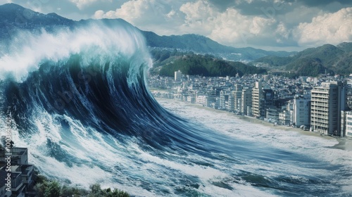 A resort with coconut trees on an island surrounded by tsunami waves in the middle of a blue background. World Tsunami Awareness Day. photo