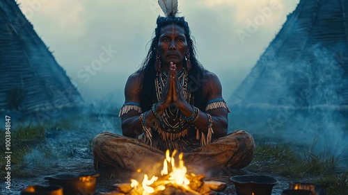 Indian praying while sitting by the fire