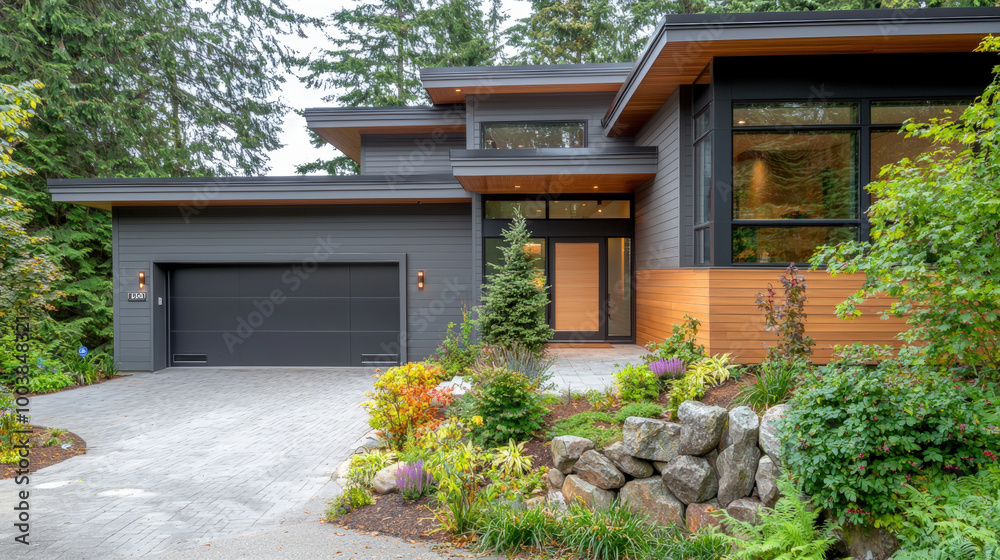 Modern house with gray and wooden exterior, surrounded by lush greenery and stone landscaping, creating serene and inviting atmosphere