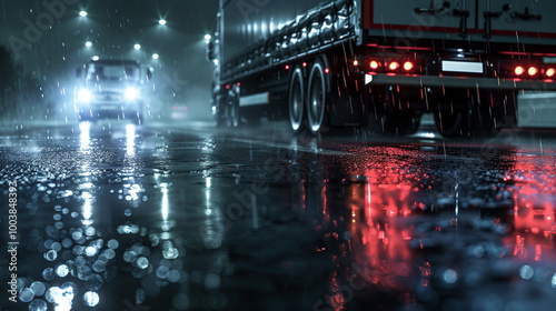 A truck driving down a wet road at night. suitable for transportation and weather-related concept