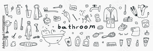 Big set clip arts of bathroom elements. Soap, towels, creams, brush and paste, comb, face mask, mirror, shampoo etc. Hand drawn doodle illustration. Childish naive vector art