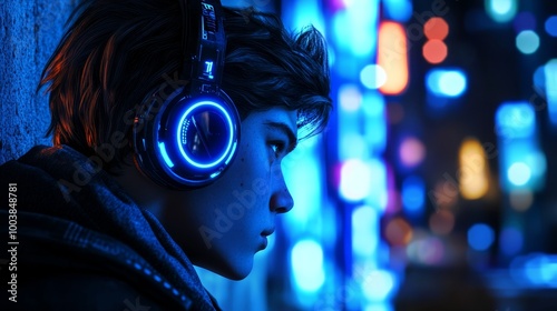 Lost in Sound: Teen with Futuristic Headphones - Made with Generative AI photo