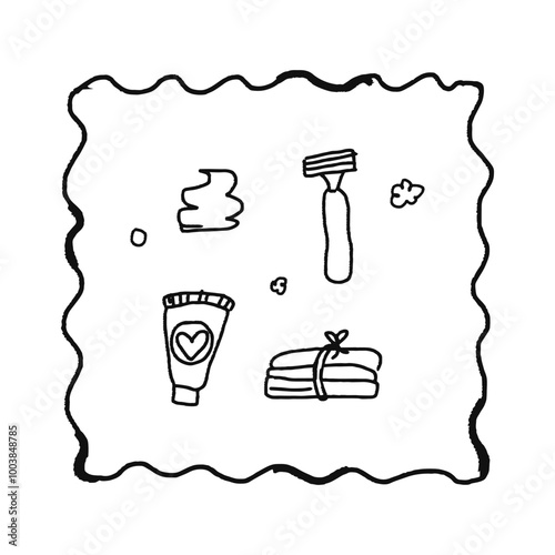 card of beauty elements: razor and shaving foam, towel, cream. Hand drawn doodle illustration. Childish naive vector art