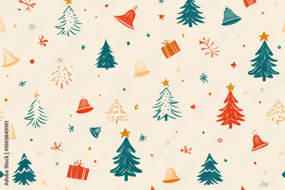 Seamless pattern with decorated Christmas trees, gift boxes, snowflakes creates a festive atmosphere Seamless pattern with decorated Christmas trees, gift boxes, snowflakes creates a festive atmosphere
