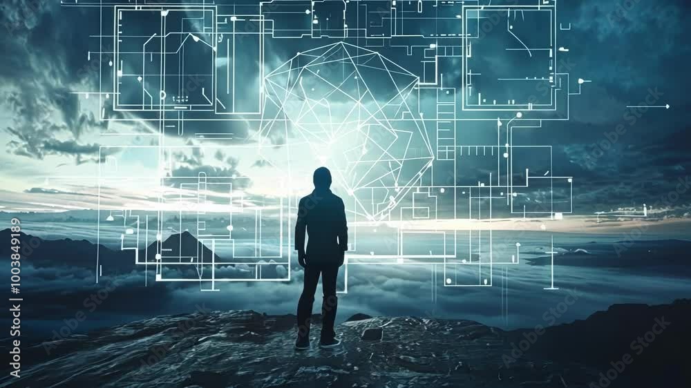 Scientist is standing on a mountain top exploring a brain neural network. The concept of neural enhancement and neurotechnology Scientist is standing on a mountain top exploring a brain neural network. The concept of neural enhancement and neurotechnology