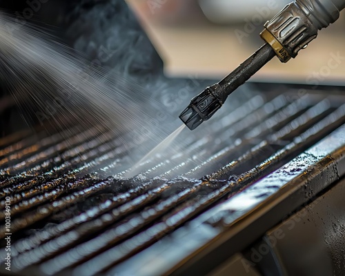 Cleaning a grill with high-pressure water, revealing metal grates. photo