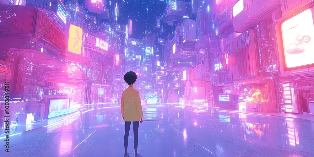 Fototapeta premium A lone figure stands in a futuristic city with glowing neon signs and a reflective floor.