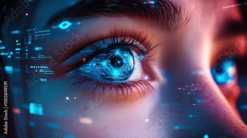 Close-up of a human eye with futuristic digital augmentation, suggesting advanced cybernetic technology or a concept for biometric scanning and virtual reality interfaces.