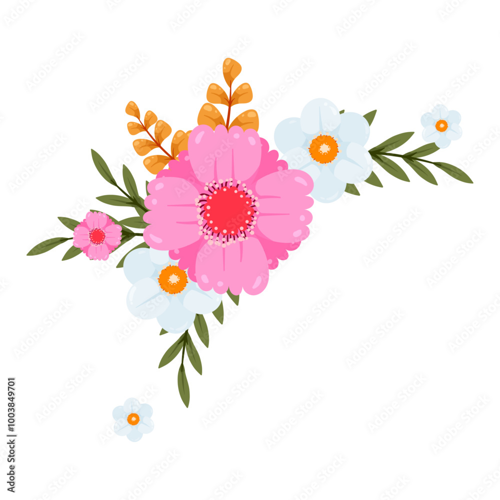 Corner frame flowers and foliage illustration on white Corner frame flowers and foliage illustration on white