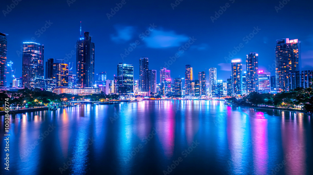 Vibrant Night City Skyline Reflection in Calm Water Vibrant Night City Skyline Reflection in Calm Water