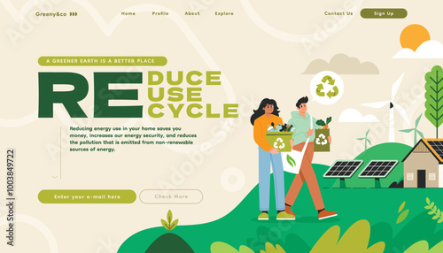 Eco-friendly lifestyle with recycling and renewable energy