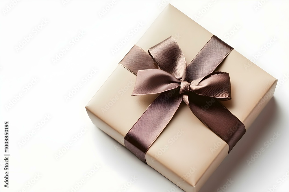 Obraz premium Gift box wrapped with a ribbon set against a white background. Copy space image. Place for adding text and design