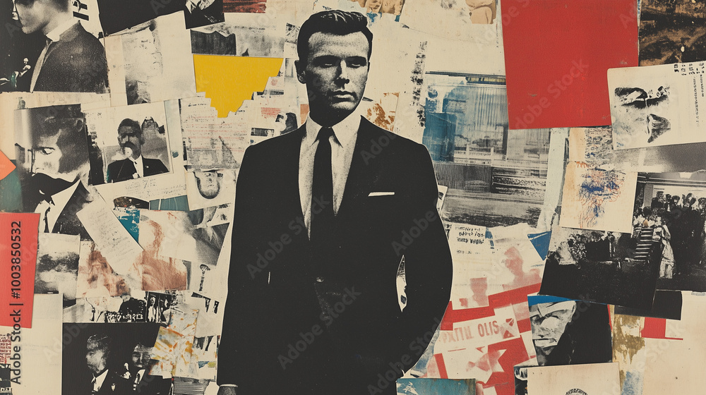 custom made wallpaper toronto digitalVintage collage of a man in a suit amidst retro newspaper clippings. A stylish man in a suit stands in front of a creative collage of retro newspaper clippings and vintage photography, blending classi