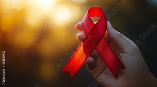 Close-up of a hand holding a red ribbon symbolizing support for World AIDS Day with a blurred background highlighting the significance Large space for text in center Stock Photo with copy space