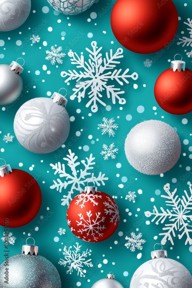 A collection of Christmas ornaments against a blue backdrop, adorned with floating snowflakes below A collection of Christmas ornaments against a blue backdrop, adorned with floating snowflakes below